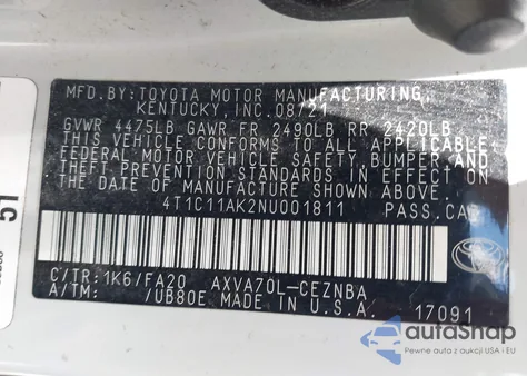 2022 Toyota Camry Le from USA, damaged, VIN 4T1C11AK2NU001811